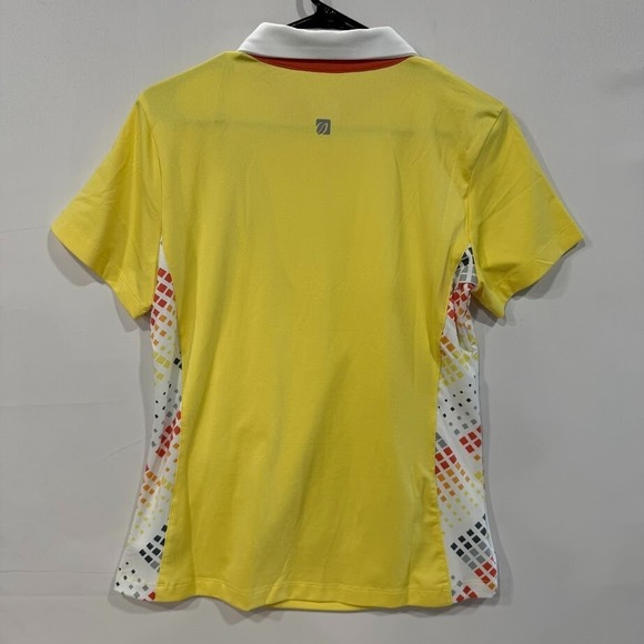 Inspired Style Golf Polo Shirt Womens M Yellow‎ Zip Collar Geometric Sides - Picture 2 of 5
